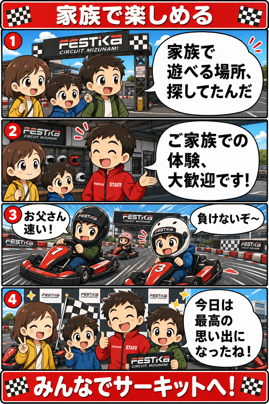 家族で楽しめる:親子でカートを楽しみ笑顔になる4コマ漫画