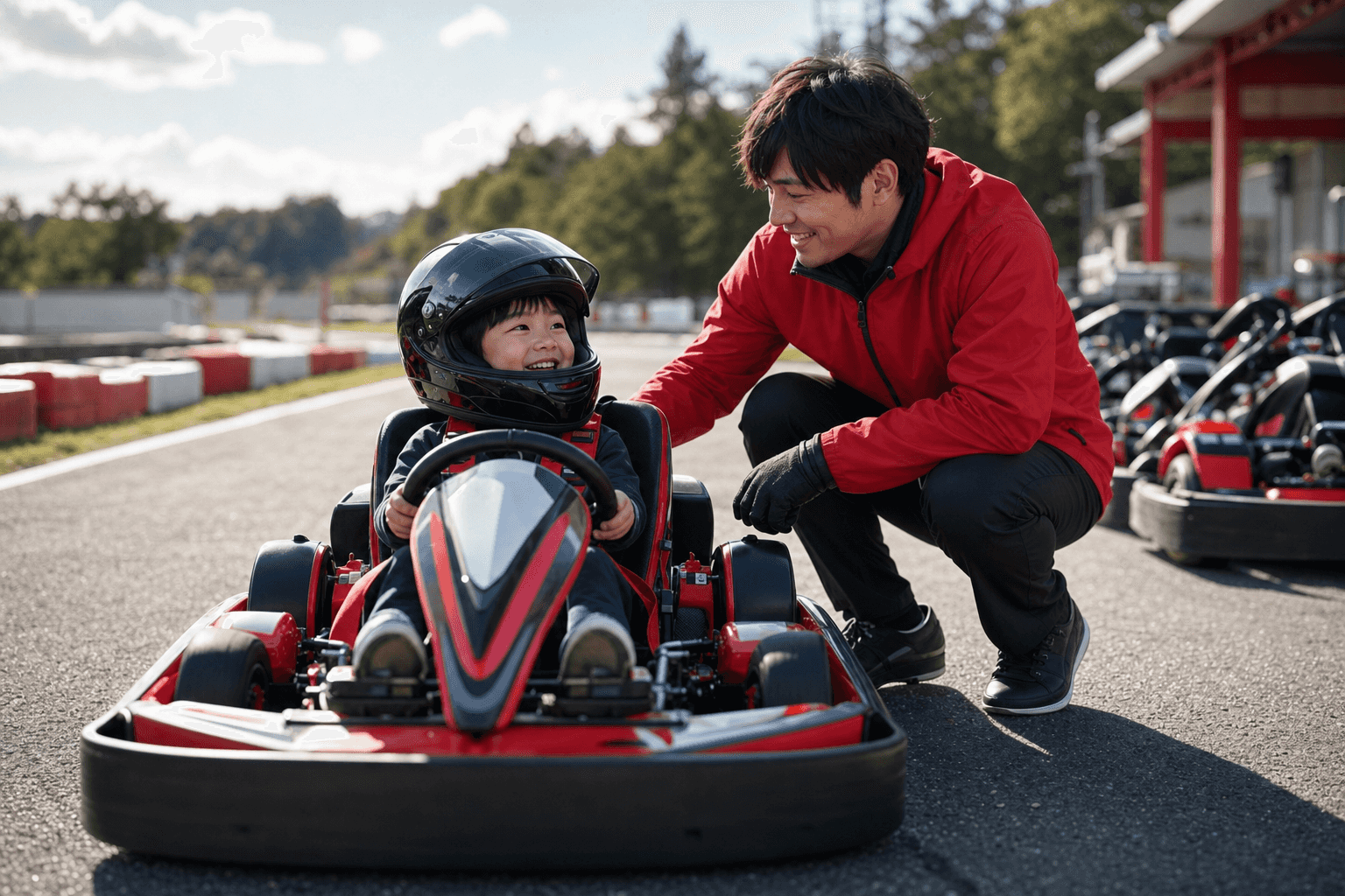キッズカートに乗る子どもと、そばで支えるスタッフ